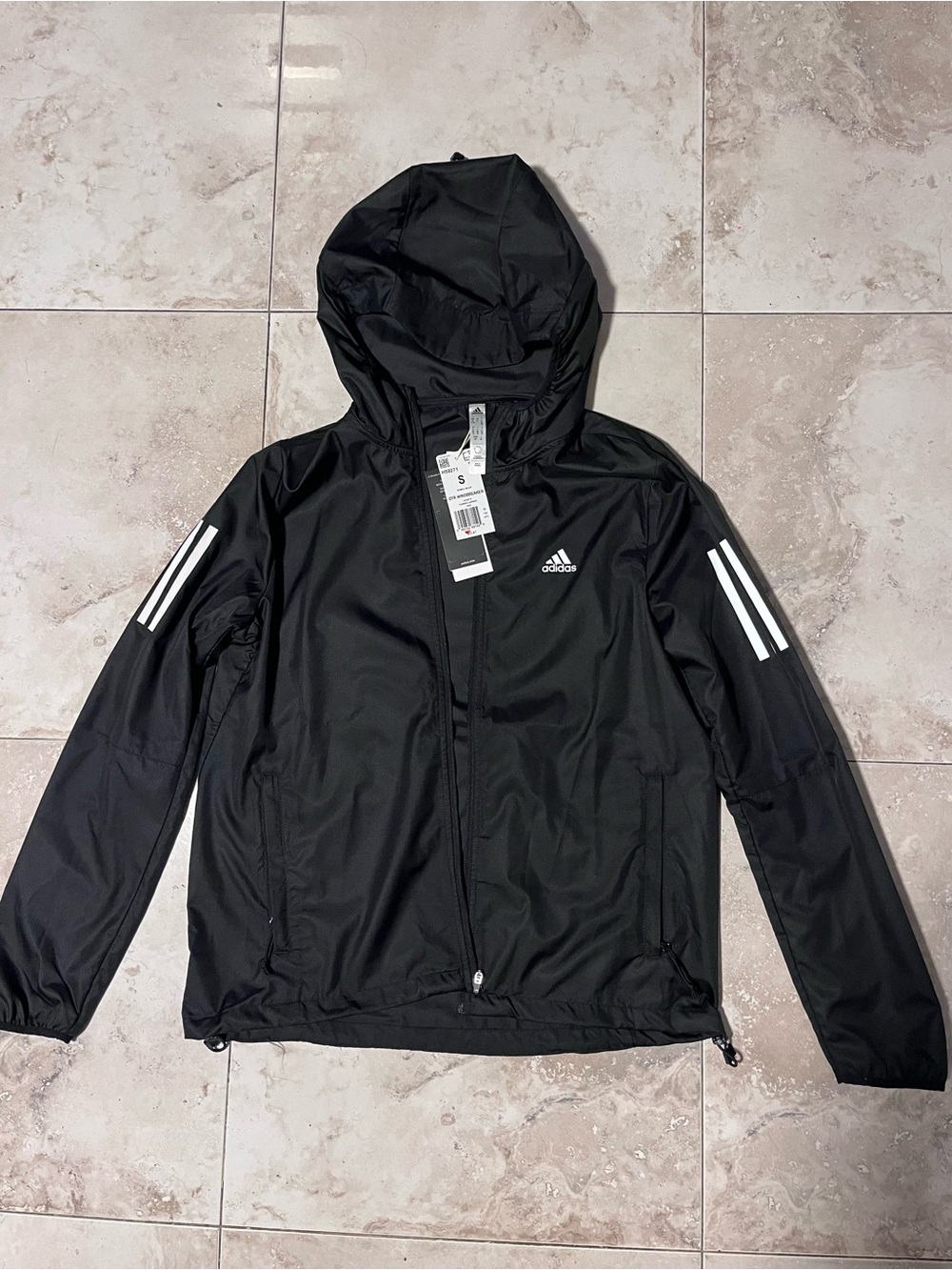 adidas Black Hooded Windbreaker Jacket with White Stripe Details